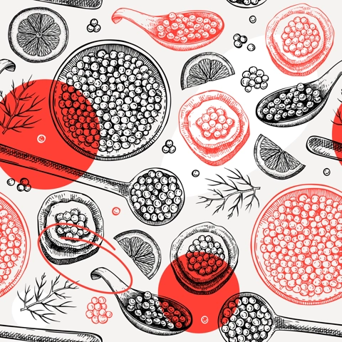 Seafood background for restaurant or finger food menu design. Hand-drawn sketches of canned caviar, red caviar canape, bread, lemons. Sea delicacy seamless pattern in collage style.